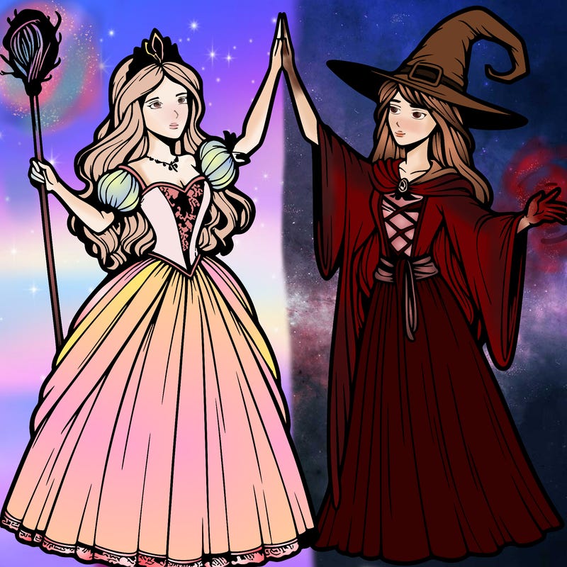 detailed realistic split of a princess and a witch