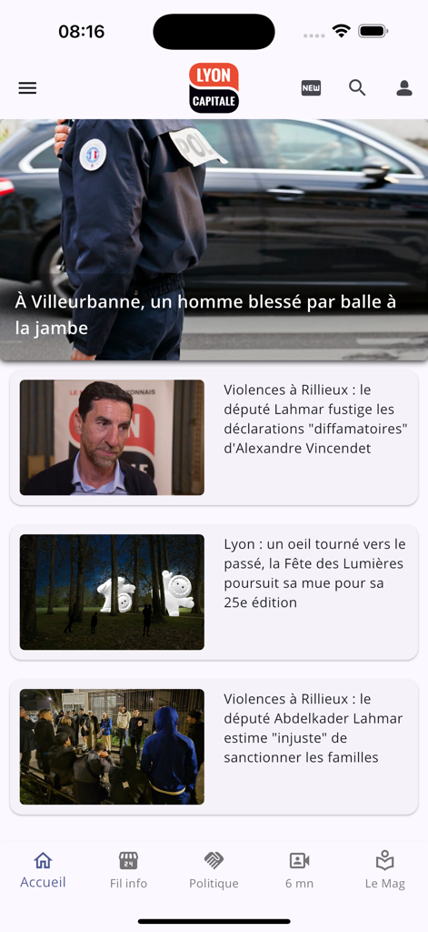 LYONCAPITALE NEWS - Lyon Capitale news app main feed displaying regional French articles.
