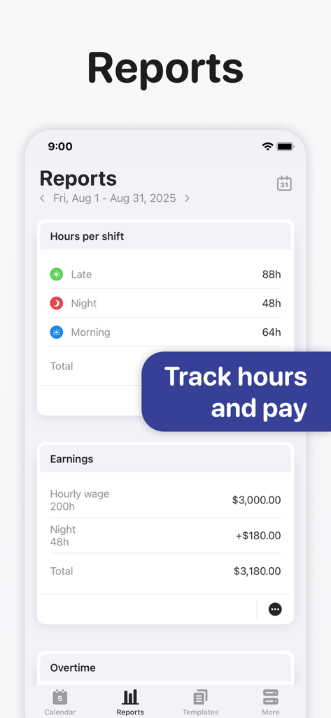 Supershift Shift Work Calendar - Pantalla de informes en la aplicación Supershift que muestra las horas trabajadas y los ingresos totales.