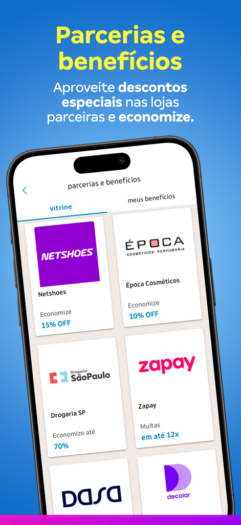 Cartão Luiza: descontos Magalu - Mobile app interface of Cartão Luiza showing various partner store discounts and benefits including Netshoes and Época Cosméticos.