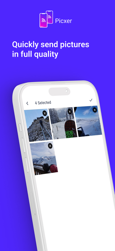 Interfaz de la aplicación Picxer en un smartphone mostrando fotos seleccionadas para compartir en alta calidad.