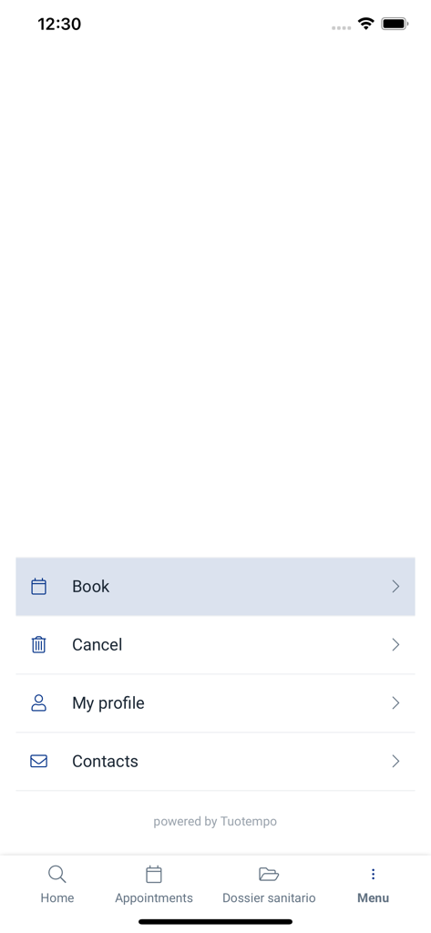 CDC|Affidea - Schermata del menu principale dell'app mobile CDC Affidea con opzioni per prenotare appuntamenti medici e visualizzare la cartella clinica.