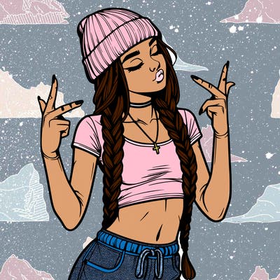 realistic teenage girl with braids and a beanie and crop top doing 🫶🏼