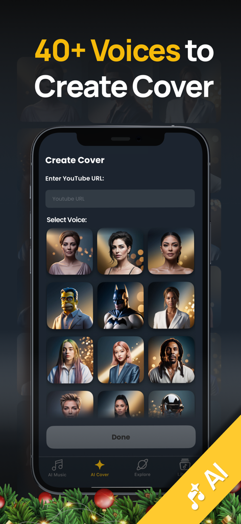 AI Music app interface for creating song covers by selecting from a grid of over 40 celebrity and character voices.