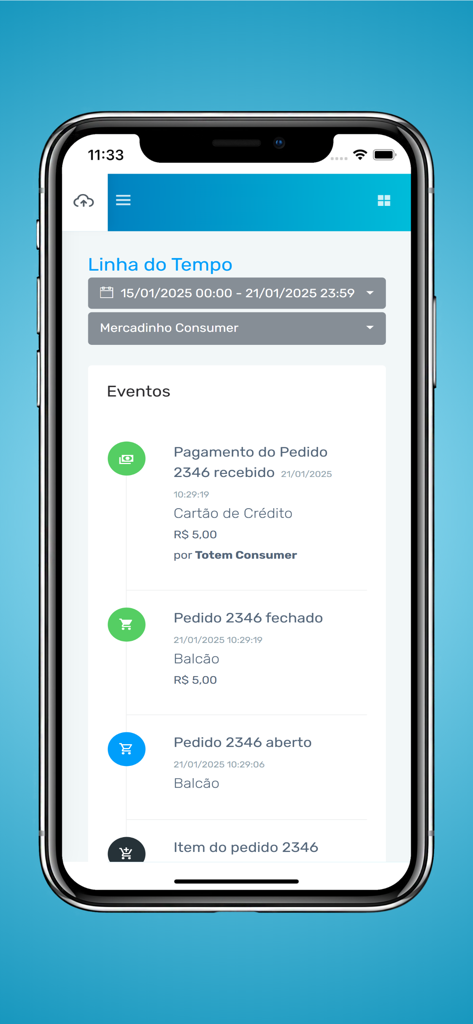 A mobile dashboard view of the Consumer Connect app displaying a real-time timeline of business transactions and order statuses.