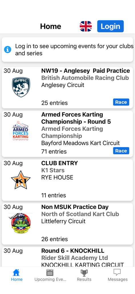 Alpha Racehub - Home screen of Alpha Racehub app showing upcoming kart racing events with club logos and circuit locations