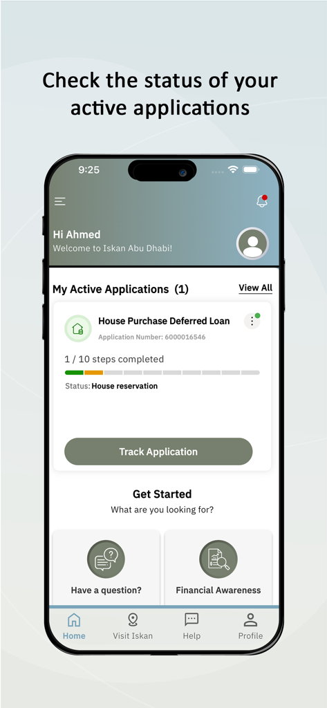 Dashboard dell'app mobile Iskan Abu Dhabi che visualizza lo stato di una richiesta di mutuo differito per acquisto casa attiva con una barra di avanzamento