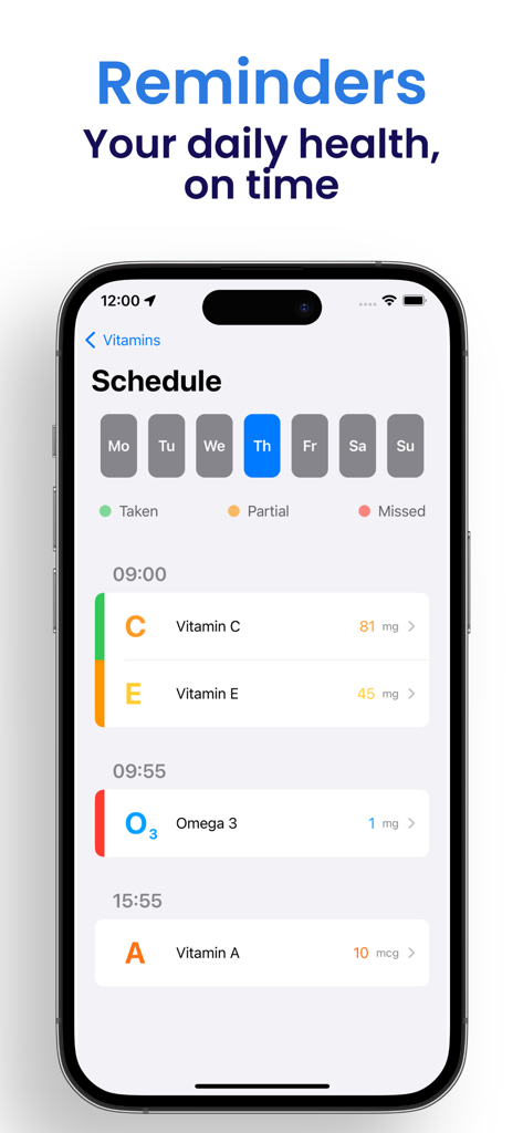 Vitamin: Track, Log & Schedule - Tela de agendamento do aplicativo Vitamin exibindo lembretes diários de suplementos e status de rastreamento.