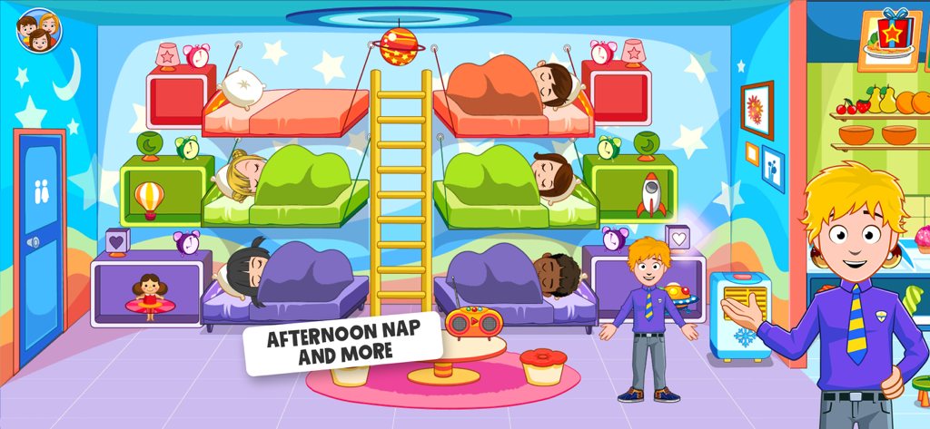 Children characters taking an afternoon nap in colorful bunk beds inside the preschool
