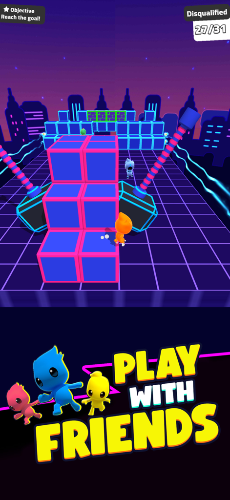 Gameplay de Rumble Rush mostrando personagens navegando por um percurso de obstáculos de neon e um gráfico promocional dizendo Jogue com Amigos.