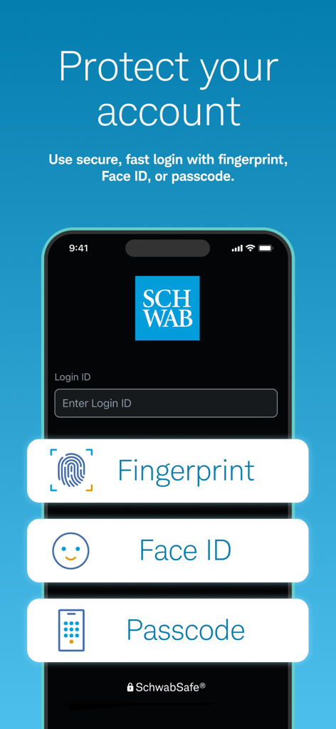 Schwab Mobile app secure login options including fingerprint, Face ID, and passcode.