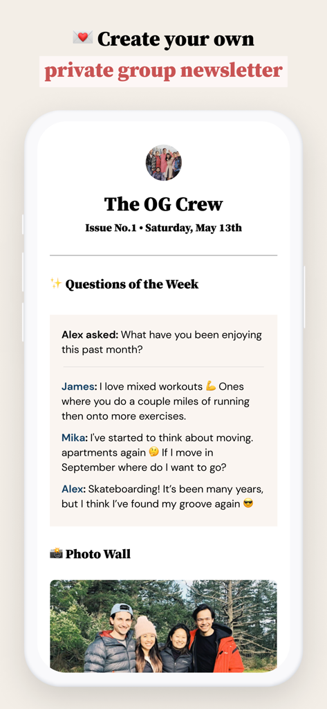 Letterloop app interface displaying a private group newsletter with questions of the week and a photo wall section
