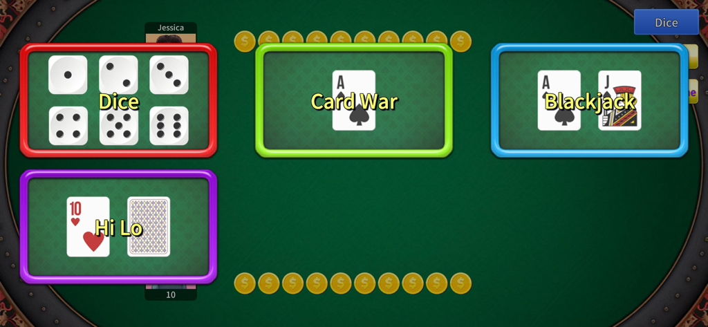 Pai Gow Online game menu showing Dice Card War Blackjack and Hi Lo options