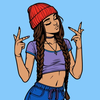 realistic teenage girl with braids and a beanie and crop top doing 🫶🏼