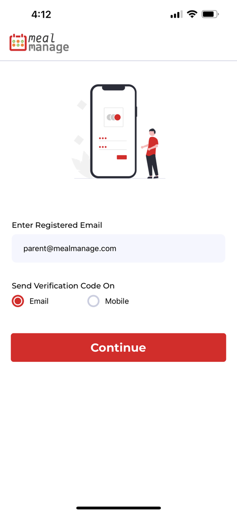 MealManage login screen for parents to enter email and receive a verification code.