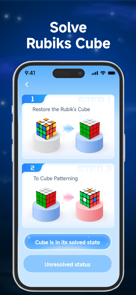 Cube Solver - 3D Cube Timer - iPhone screen of Cube Solver app showing step-by-step instructions to solve or pattern a Rubiks Cube