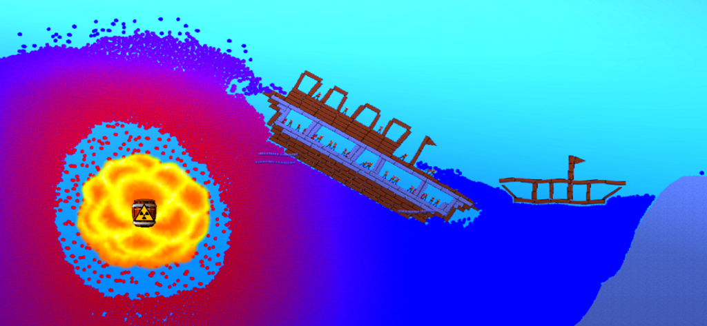 Water Physics Simulation - A large ship sinking in a water physics simulation next to a massive nuclear explosion