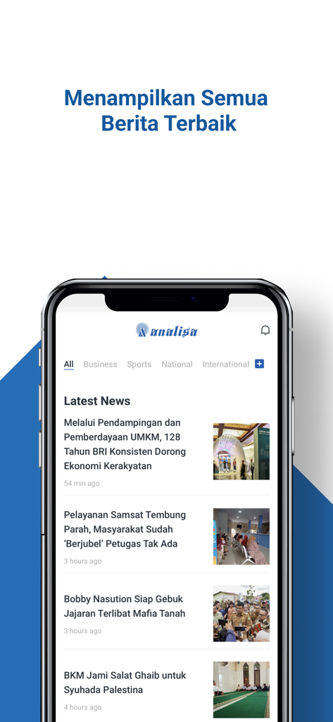 Smartphone screen showing the latest news section of the Harian Analisa app with Indonesian news articles and categories