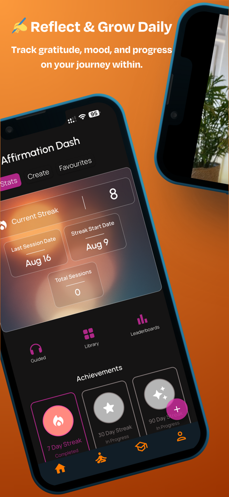Soma: Wellness & Meditation - Soma app dashboard showing daily affirmation stats and streak achievements