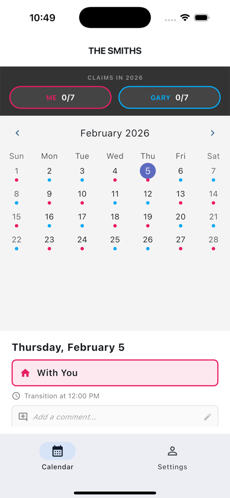 Child Custody Calendar - A shared co-parenting calendar interface showing a monthly schedule with color-coded custody days and transition details