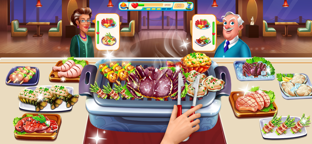 レストランでお客様のためにシーフードを焼いたり、食事を準備したりするシェフ