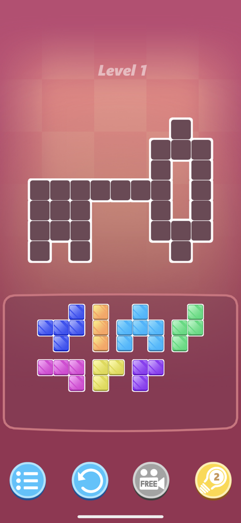 Block Hit - Puzzle Game - Block Hit Puzzle Game interface showing colorful blocks and a grid to fill for Level 1