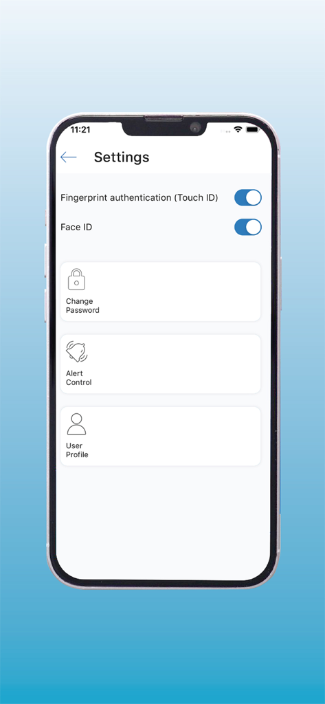 LOLC Realtime - LOLC Realtime mobile app settings menu with biometric security toggles and profile options