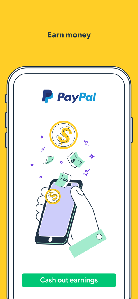 Smartphone display showing PayPal logo and cash out earnings button on a yellow background