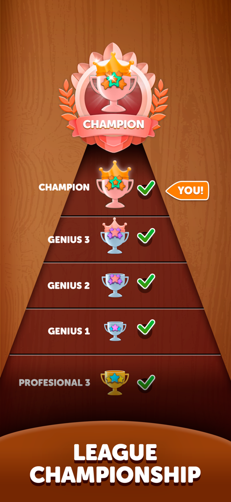 A screen showing the league championship progress in Arrow Crosswords with ranks like Genius and Champion on a wooden background.