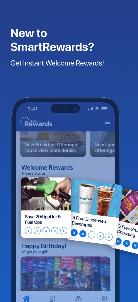 SmartRewards by EG America - SmartRewards app welcome screen showing fuel discounts and free drink offers