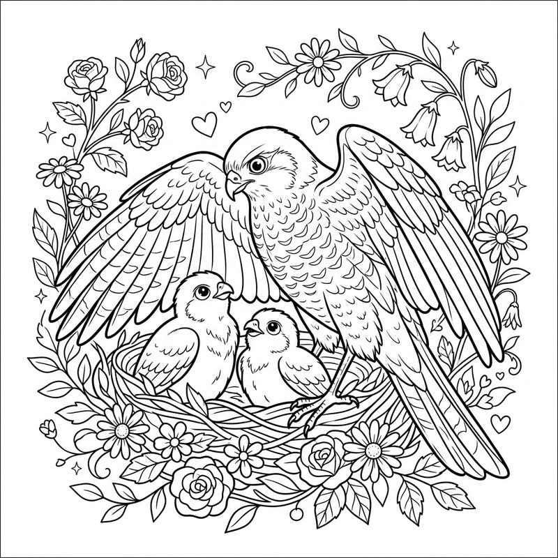 Honor the nurturing spirit of Mother's Day with this tender coloring page featuring a protective sparrowhawk mother and her two adorable chicks. Surrounded by a beautiful floral design, it's a perfect activity to share or to create a heartfelt gift.