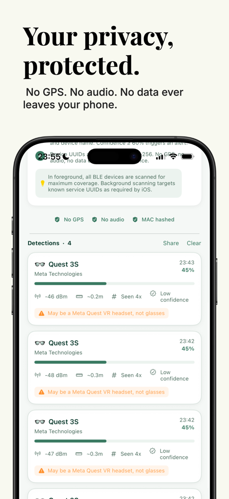 Interface of Nearby Lens app showing detected Quest 3S devices and privacy protection claims including no GPS and no audio