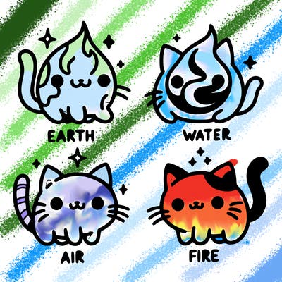 4 cats that represent the different elements, earth, water, air, and fire