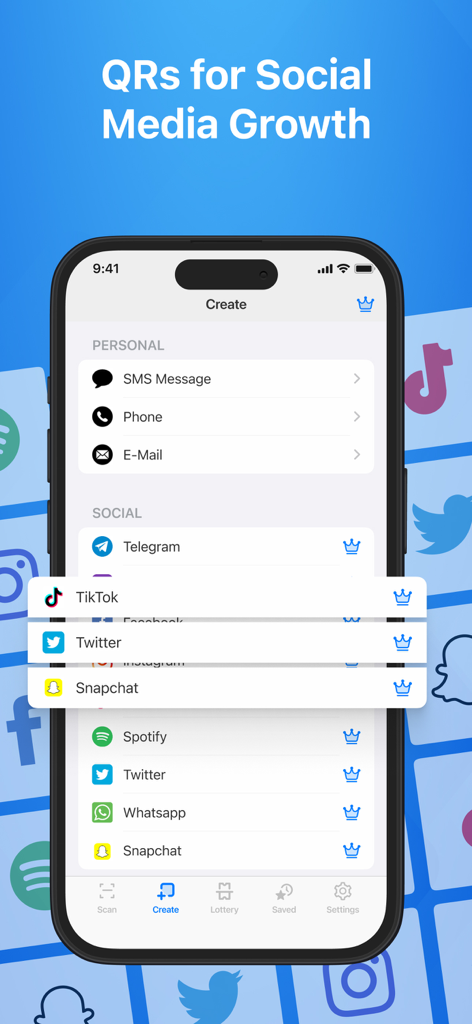 Scan QR Code. - Scan QR Code app screen for creating custom social media QR codes for platforms like TikTok and Twitter
