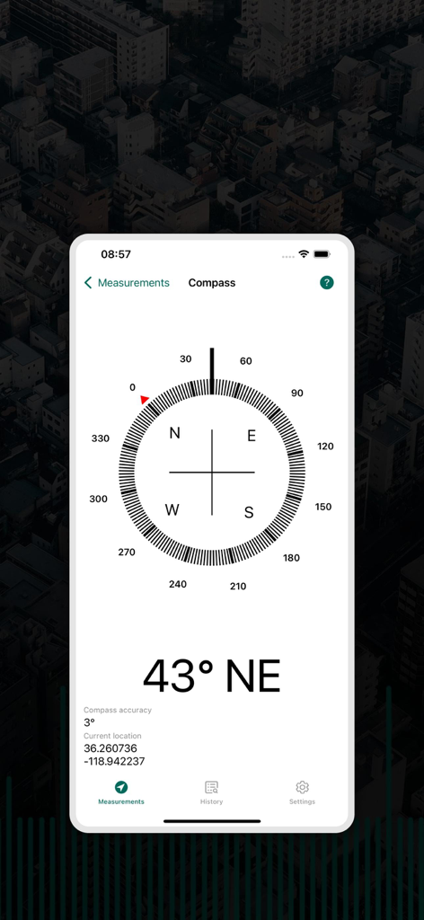 My GPS Tape Measure - Digital compass interface in the My GPS Tape Measure app showing a 43 degree North East heading and GPS coordinates