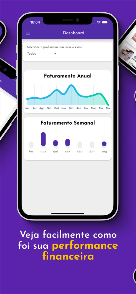 Tua Agenda: Para Profissionais - Mobile app dashboard showing annual and weekly revenue charts for service professionals