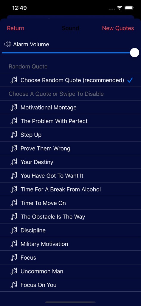 Inspire Alarm Clock - Interface of Inspire Alarm Clock app showing a list of motivational speech titles for wake up sounds