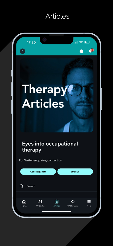 Screenshot dell'app mobile The OT Hub che mostra la sezione Terapia Articoli con risorse cliniche professionali