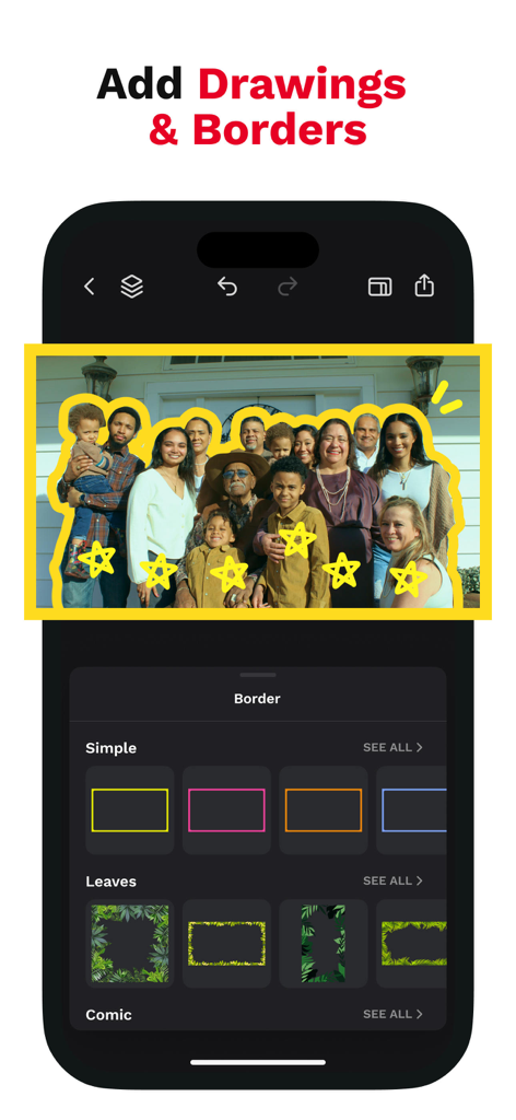 Thumbnail Maker - TubeCut - Pantalla de la aplicación móvil mostrando una foto con un borde dibujado a mano amarillo y estrellas usando TubeCut.