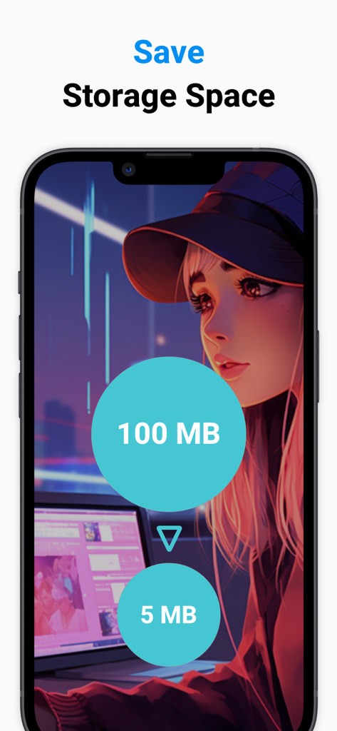 Resize Video Compressor App - Smartphone screen showing video compression from 100MB to 5MB to save storage space