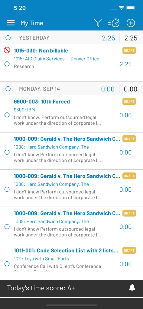 iTimekeep - Interface of iTimekeep showing a list of legal time entries and billing drafts