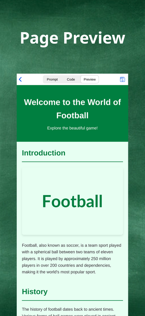 A live page preview of a football website being developed inside the W3S AI coding app interface