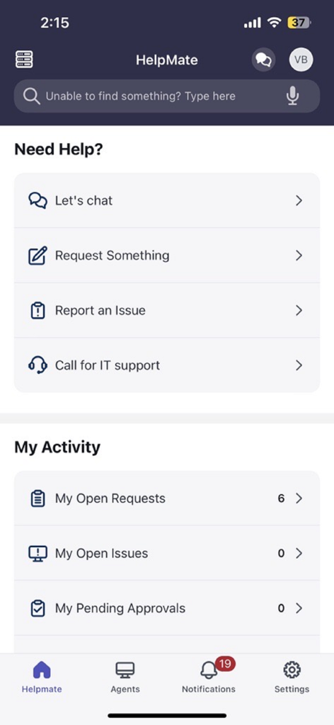 Genpact Hub - Genpact Hub app HelpMate screen featuring support request options and activity tracking status