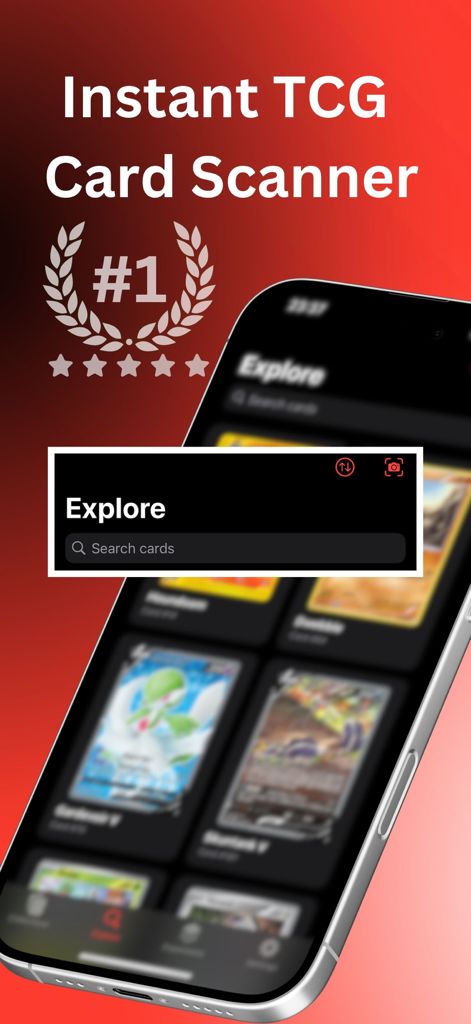 TCG Card Scanner for Pokemon + - Instant TCG card scanner for Pokemon showing the explore screen with a grid of cards and a number one rating badge