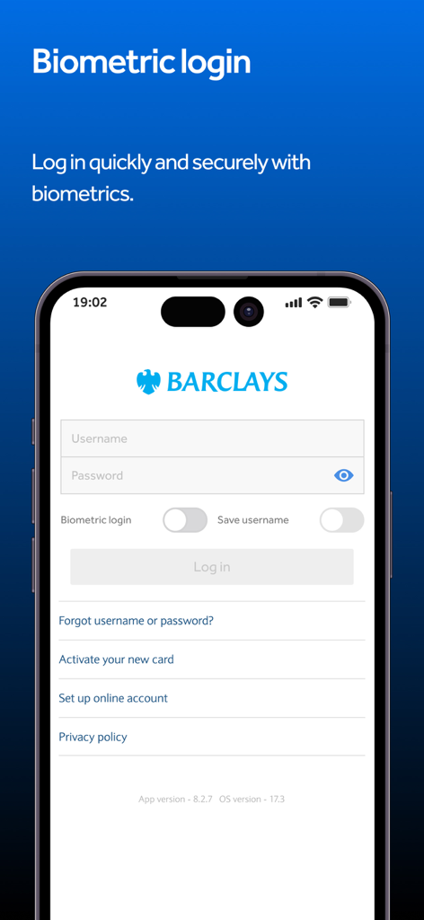 Barclays US app login screen with biometric authentication option.