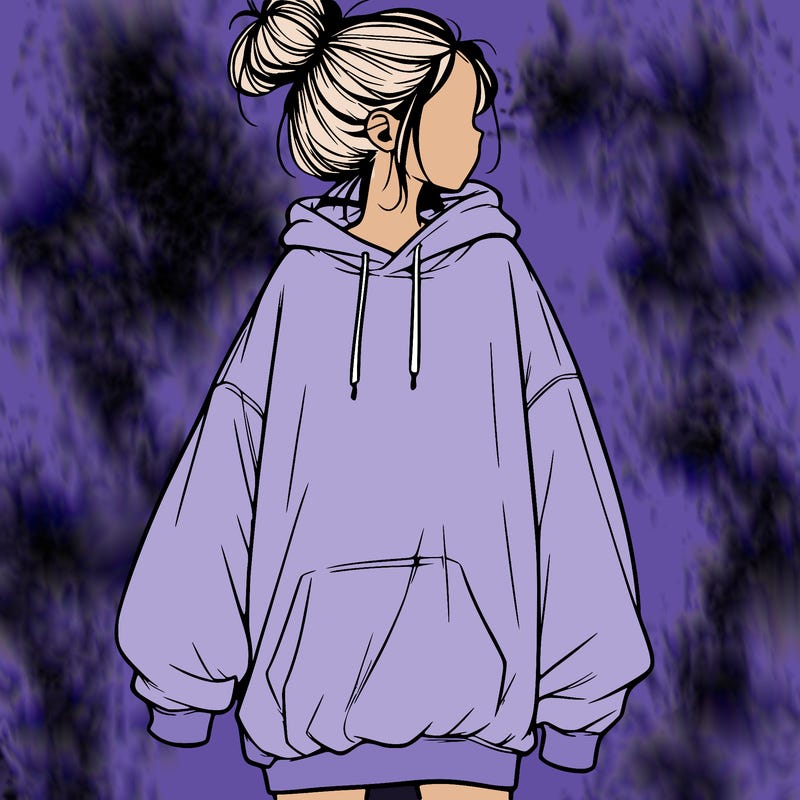 realistic girl with a oversized sweatshirt on and a bun