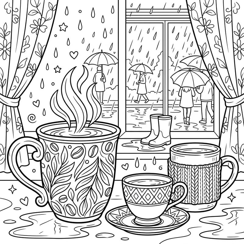 Immerse yourself in the comforting scene of warm coffee cups overlooking a rainy day. This delightful coloring page invites you to add your personal touch to a moment of tranquil reflection.