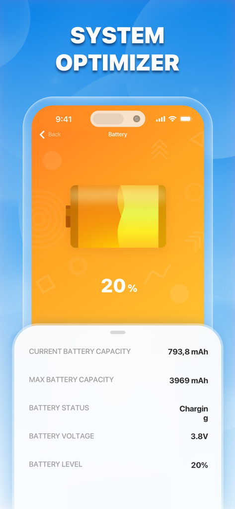 Cleaner AI - Mobile Security - Mobile app interface showing detailed iPhone battery health monitoring and system optimization statistics