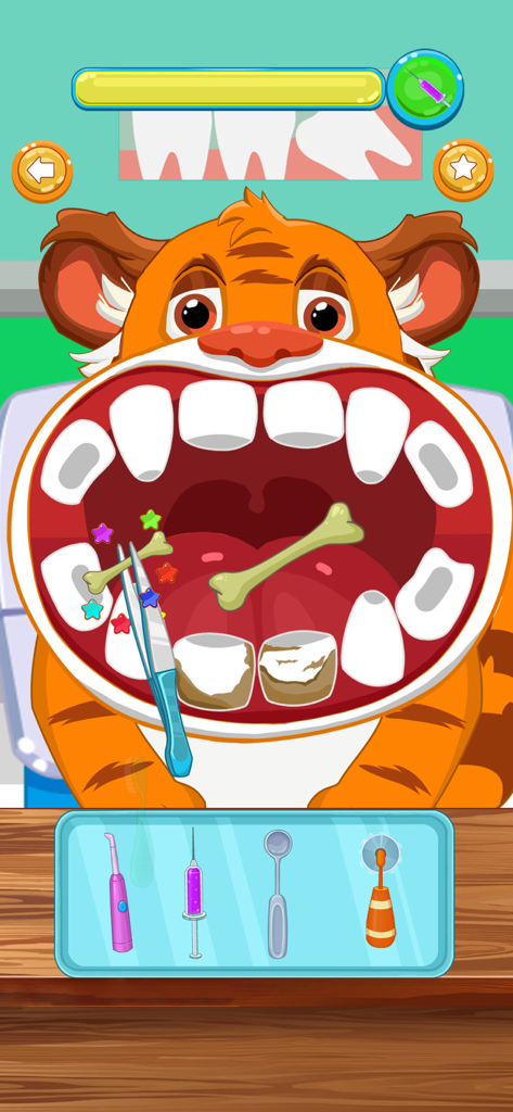 Animal Doctor - Uma captura de tela do jogo Animal Doctor mostrando um tigre recebendo tratamento dentário com ferramentas médicas