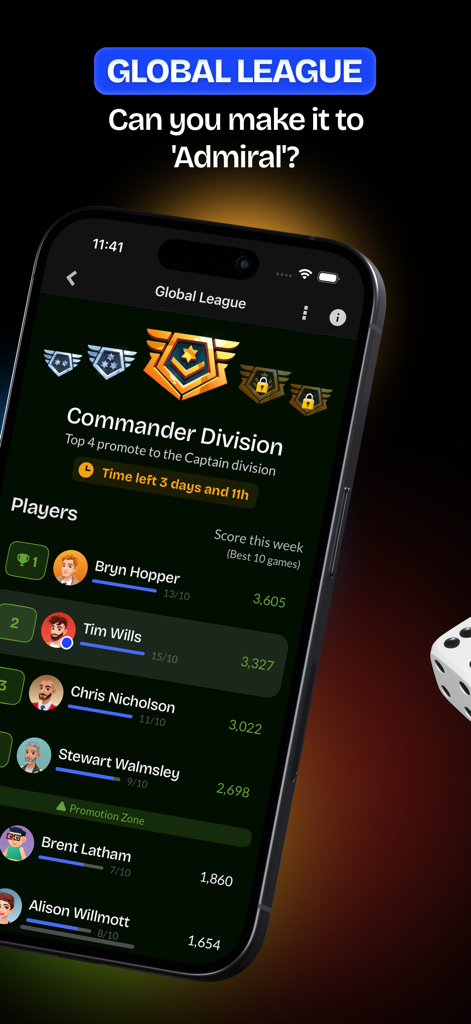 Quadro de líderes da liga global do jogo de tabuleiro Uckers mostrando classificações da divisão de comandantes e os melhores jogadores